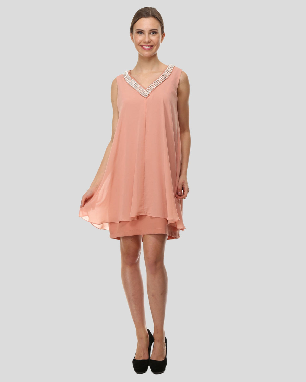Vestido mujer fluido, dress corto, sin mangas, escote V pedrería, gasa ligera, estilo elegante/casual, talla 38, color rosa, cómodo, fresco, ideal fiesta o eventos, fácil combinar tacones/sandalias ✅Entrega 24/48h