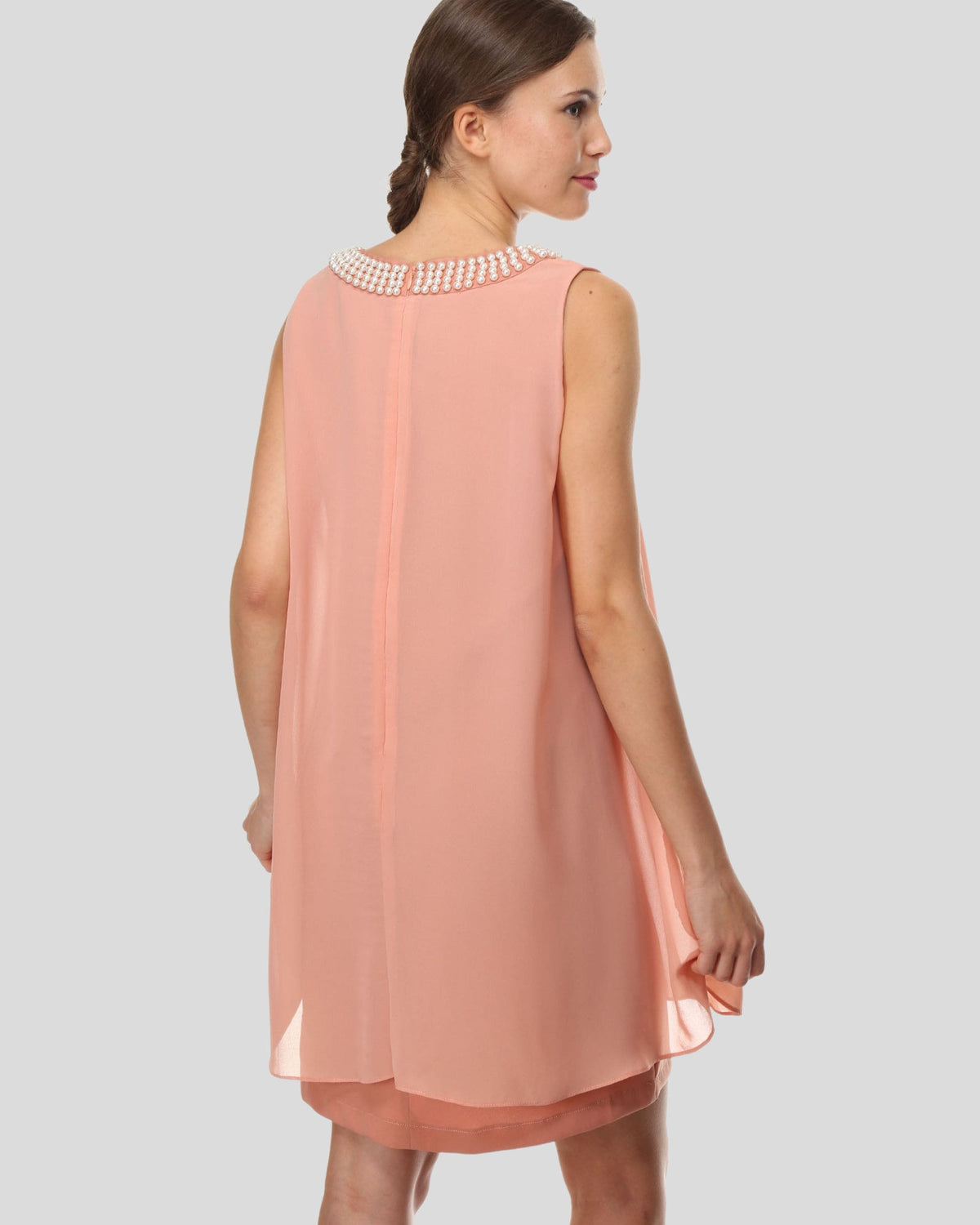 Vestido mujer fluido, dress corto, sin mangas, escote V pedrería, gasa ligera, estilo elegante/casual, talla 38, color rosa, cómodo, fresco, ideal fiesta o eventos, fácil combinar tacones/sandalias ✅Entrega 24/48h