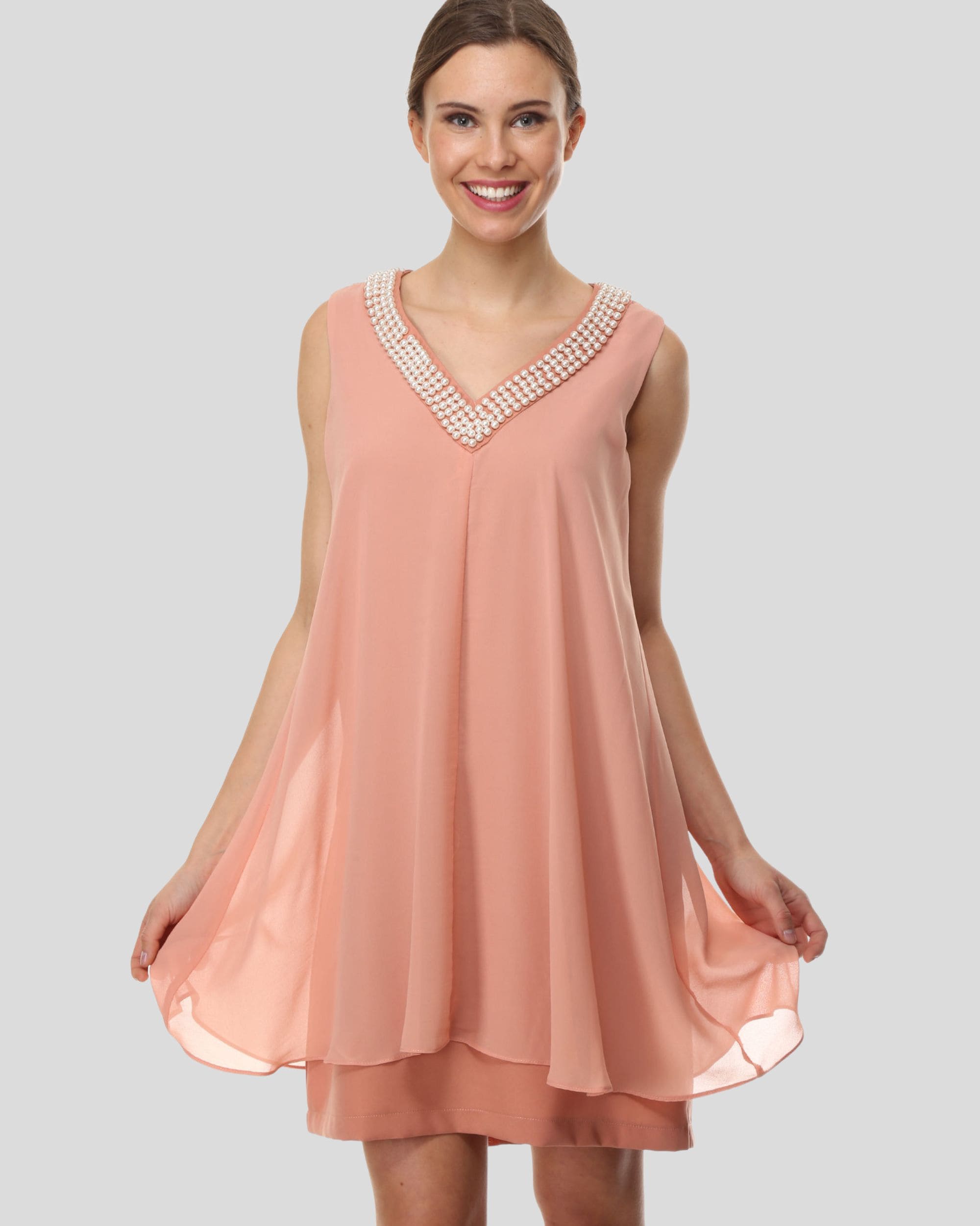 Vestido mujer fluido, dress corto, sin mangas, escote V pedrería, gasa ligera, estilo elegante/casual, talla 38, color rosa, cómodo, fresco, ideal fiesta o eventos, fácil combinar tacones/sandalias ✅Entrega 24/48h