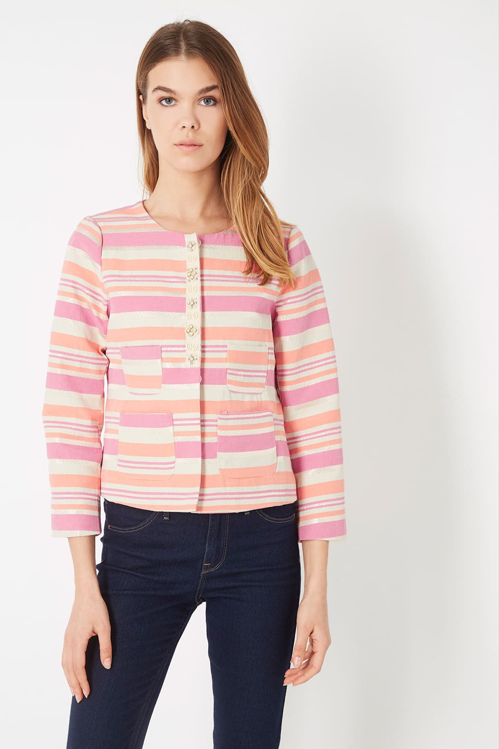 Chaqueta mujer rayas chaqueta corta cuello redondo bolsillos frontales botones presión detalles bordados ideal primavera verano color rosa talla 38 cómoda, versátil, tendencia ✅Entrega 24/48h