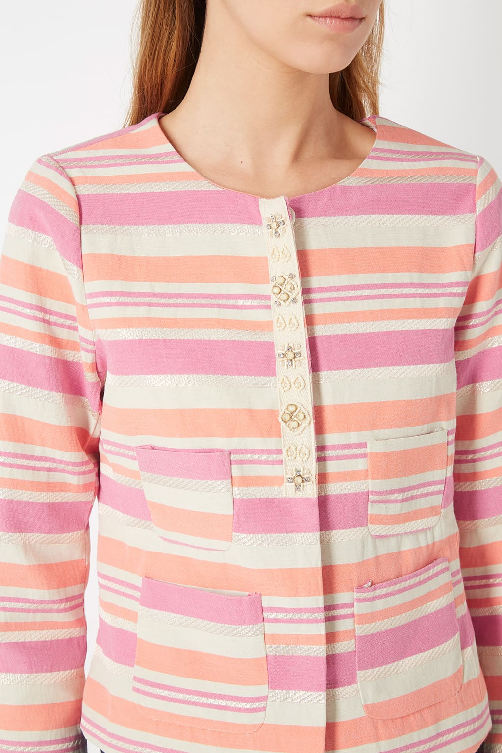 Chaqueta mujer rayas chaqueta corta cuello redondo bolsillos frontales botones presión detalles bordados ideal primavera verano color rosa talla 38 cómoda, versátil, tendencia ✅Entrega 24/48h