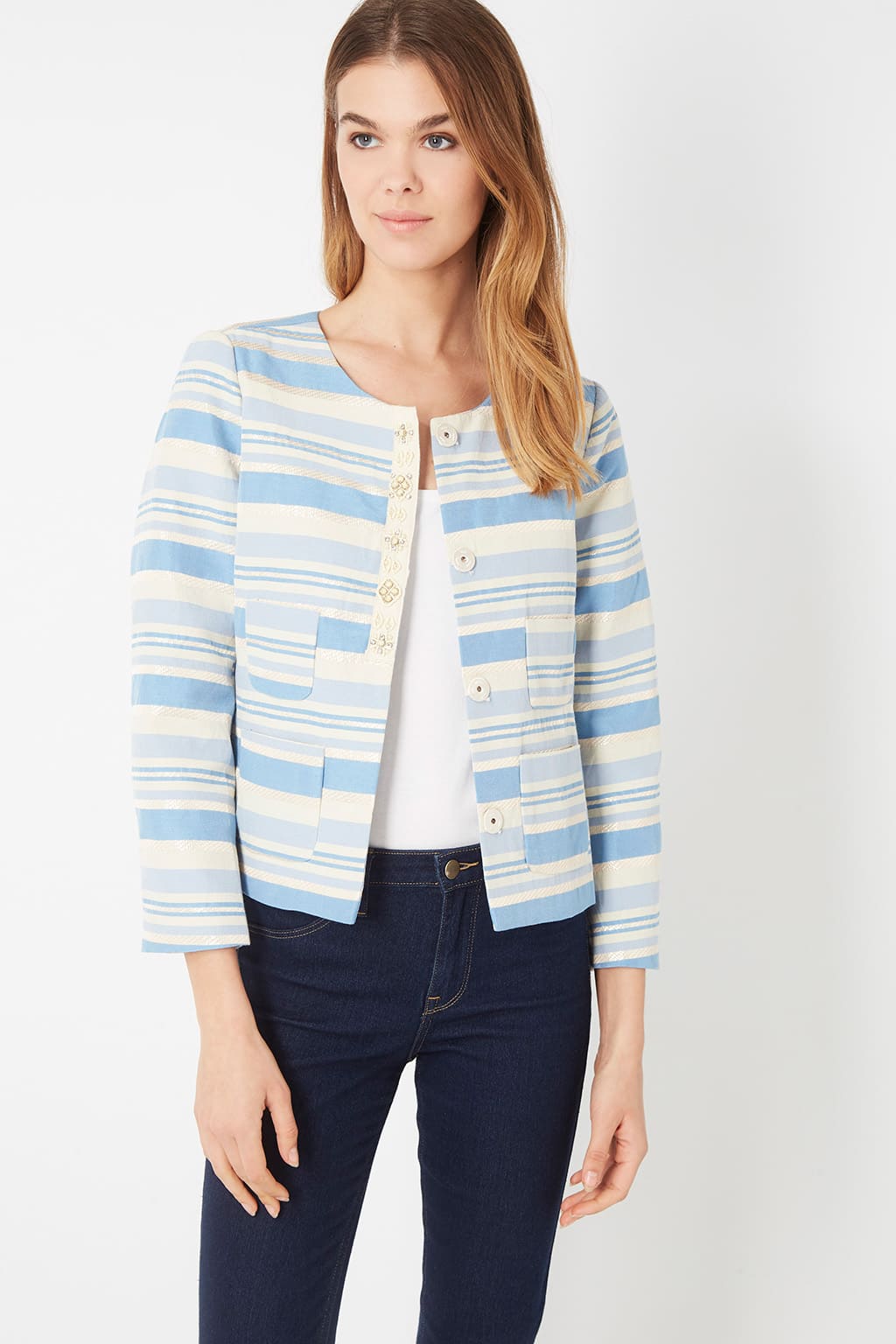 Chaqueta mujer rayas abotonada blazer casual estilo urbano tejido suave bolsillos frontales manga larga azul talla 38 perfecta oficina salidas cómodidad tendencia sofisticada ✅Entrega 24/48h