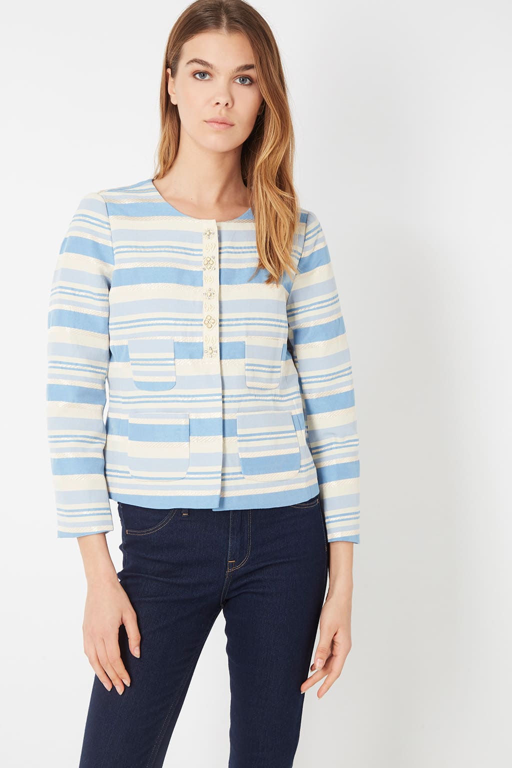 Chaqueta mujer rayas abotonada blazer casual estilo urbano tejido suave bolsillos frontales manga larga azul talla 38 perfecta oficina salidas cómodidad tendencia sofisticada ✅Entrega 24/48h