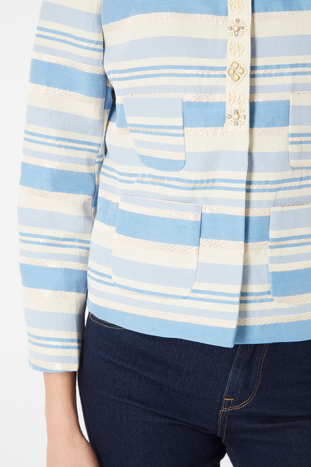 Chaqueta mujer rayas abotonada blazer casual estilo urbano tejido suave bolsillos frontales manga larga azul talla 38 perfecta oficina salidas cómodidad tendencia sofisticada ✅Entrega 24/48h