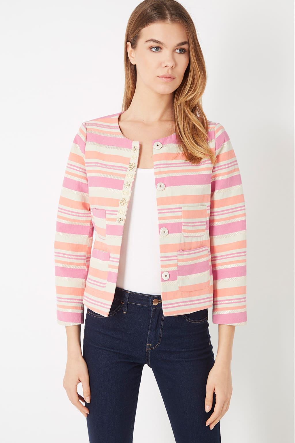 Chaqueta mujer rayas chaqueta corta cuello redondo bolsillos frontales botones presión detalles bordados ideal primavera verano color rosa talla 38 cómoda, versátil, tendencia ✅Entrega 24/48h