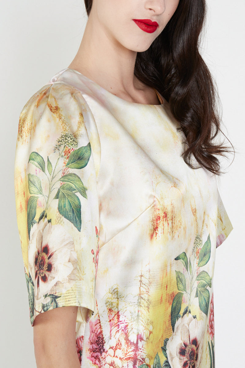 Vestido satinado mujer floral dress corto pinzas pecho manga corta elegante cómodo fondo amarillo tallas 38 ideal eventos primavera verano look versátil estampado flores ✅Entrega 24/48h