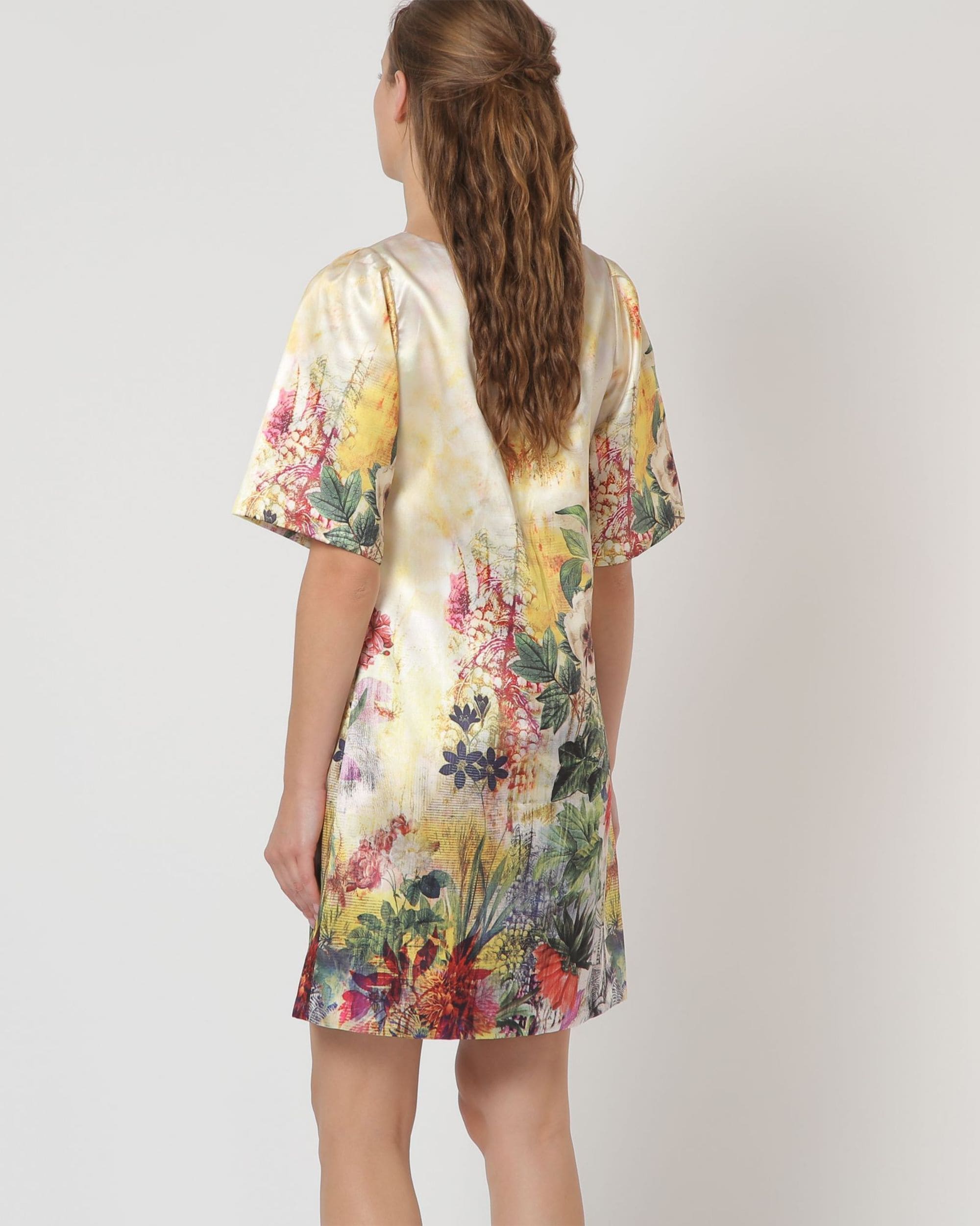 Vestido satinado mujer floral dress corto pinzas pecho manga corta elegante cómodo fondo amarillo tallas 38 ideal eventos primavera verano look versátil estampado flores ✅Entrega 24/48h