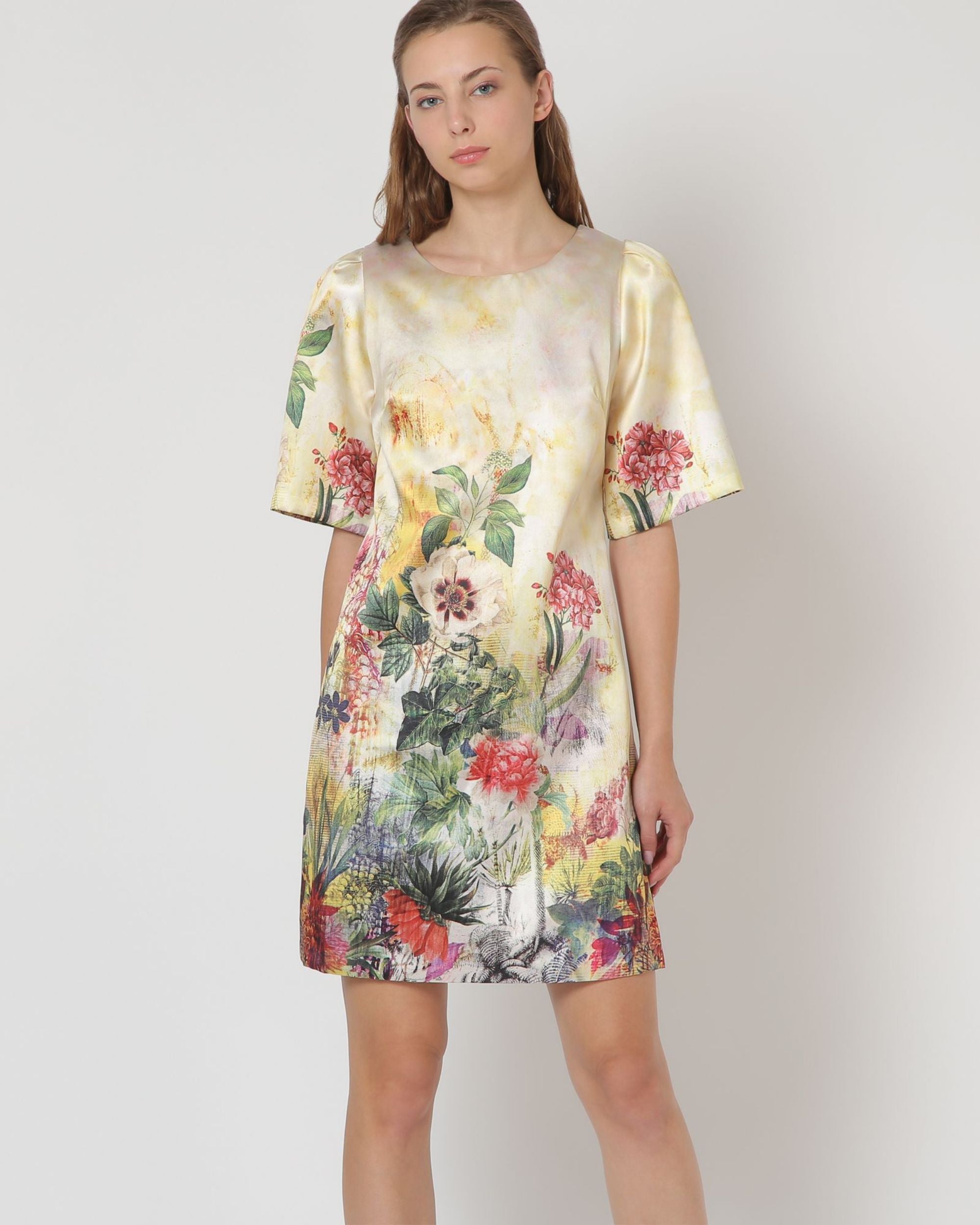 Vestido satinado mujer floral dress corto pinzas pecho manga corta elegante cómodo fondo amarillo tallas 38 ideal eventos primavera verano look versátil estampado flores ✅Entrega 24/48h