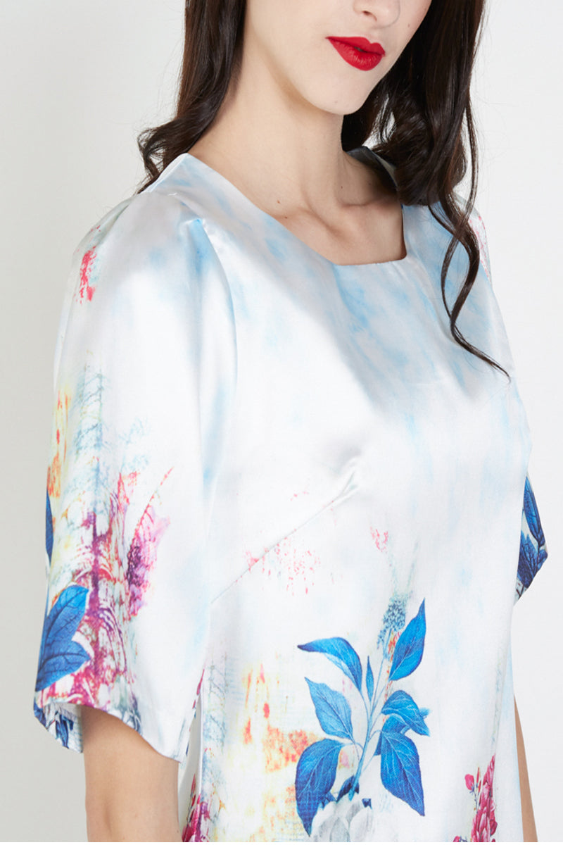 Vestido mujer satinado floral Anany AN-290095 manga corta pinzas pecho escote redondo cierre botón elegante cómodo versátil azul multicolor talla 38 ✅Entrega 24/48h