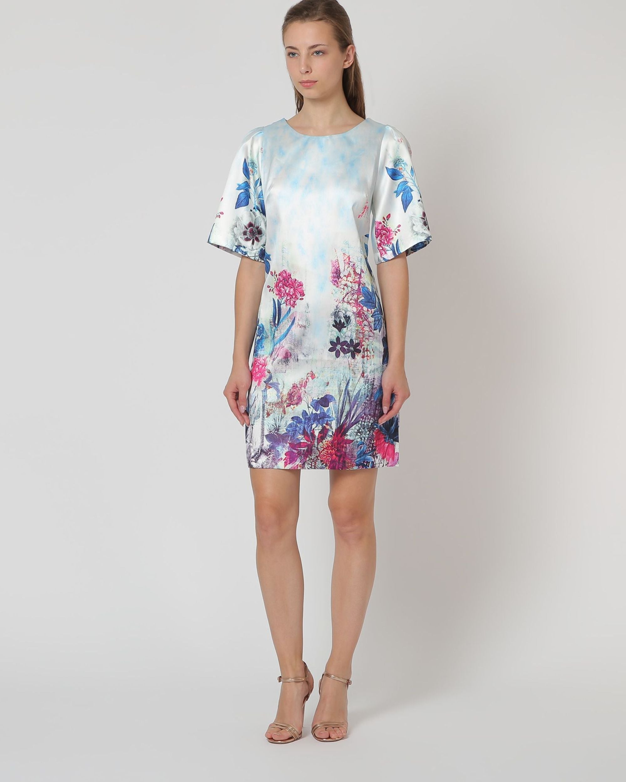 Vestido mujer satinado floral Anany AN-290095 manga corta pinzas pecho escote redondo cierre botón elegante cómodo versátil azul multicolor talla 38 ✅Entrega 24/48h