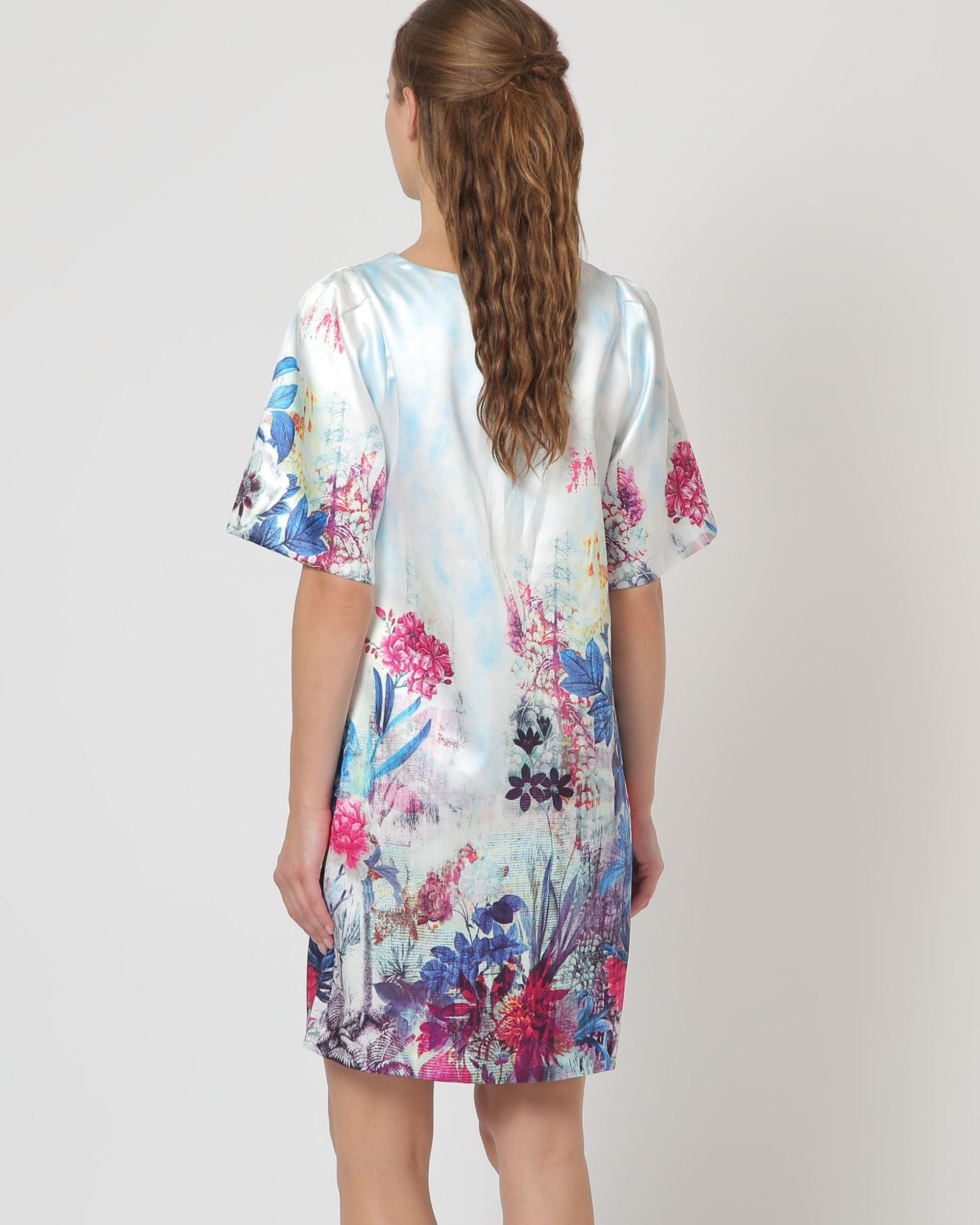 Vestido mujer satinado floral Anany AN-290095 manga corta pinzas pecho escote redondo cierre botón elegante cómodo versátil azul multicolor talla 38 ✅Entrega 24/48h
