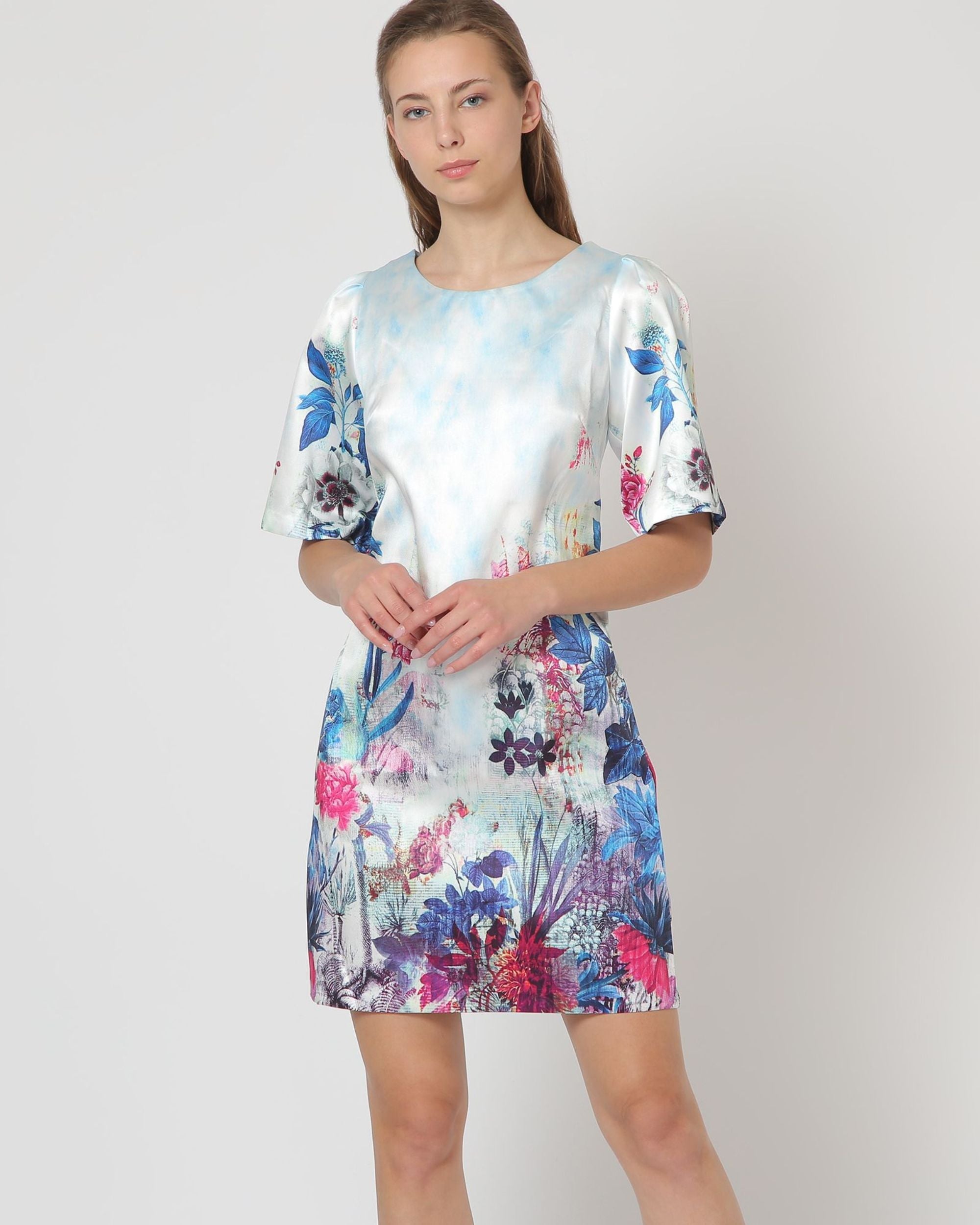 Vestido mujer satinado floral Anany AN-290095 manga corta pinzas pecho escote redondo cierre botón elegante cómodo versátil azul multicolor talla 38 ✅Entrega 24/48h