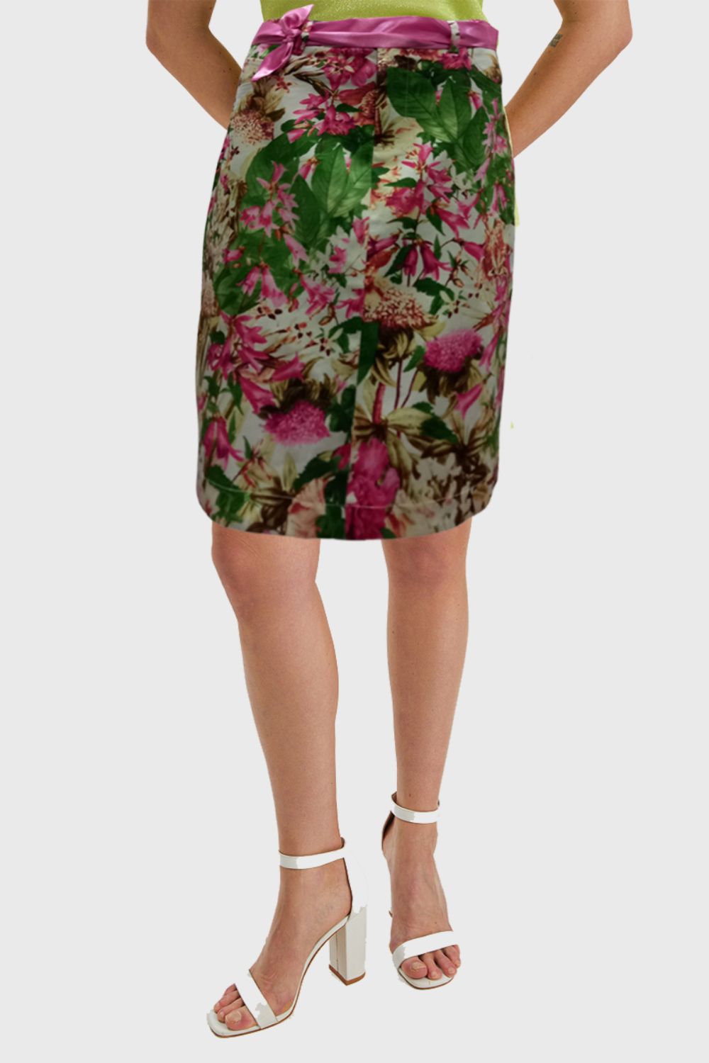 Falda recta, skirt, diseño estampado floral AN-290102, lazo decorativo tono rosa, bolsillos delanteros, cierre botón cremallera, cómoda, versátil, elegante, talla 38 ✅Entrega 24/48h