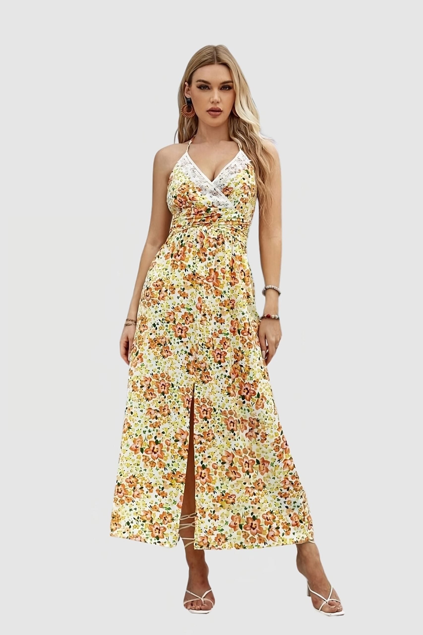 Vestido largo floral mujer, dress boho, escote V crochet, manga mariposa, flecos, cómodo y versátil, ideal primavera verano, talla 38, amarillo multicolor, elegante casual ✅Entrega 24/48h
