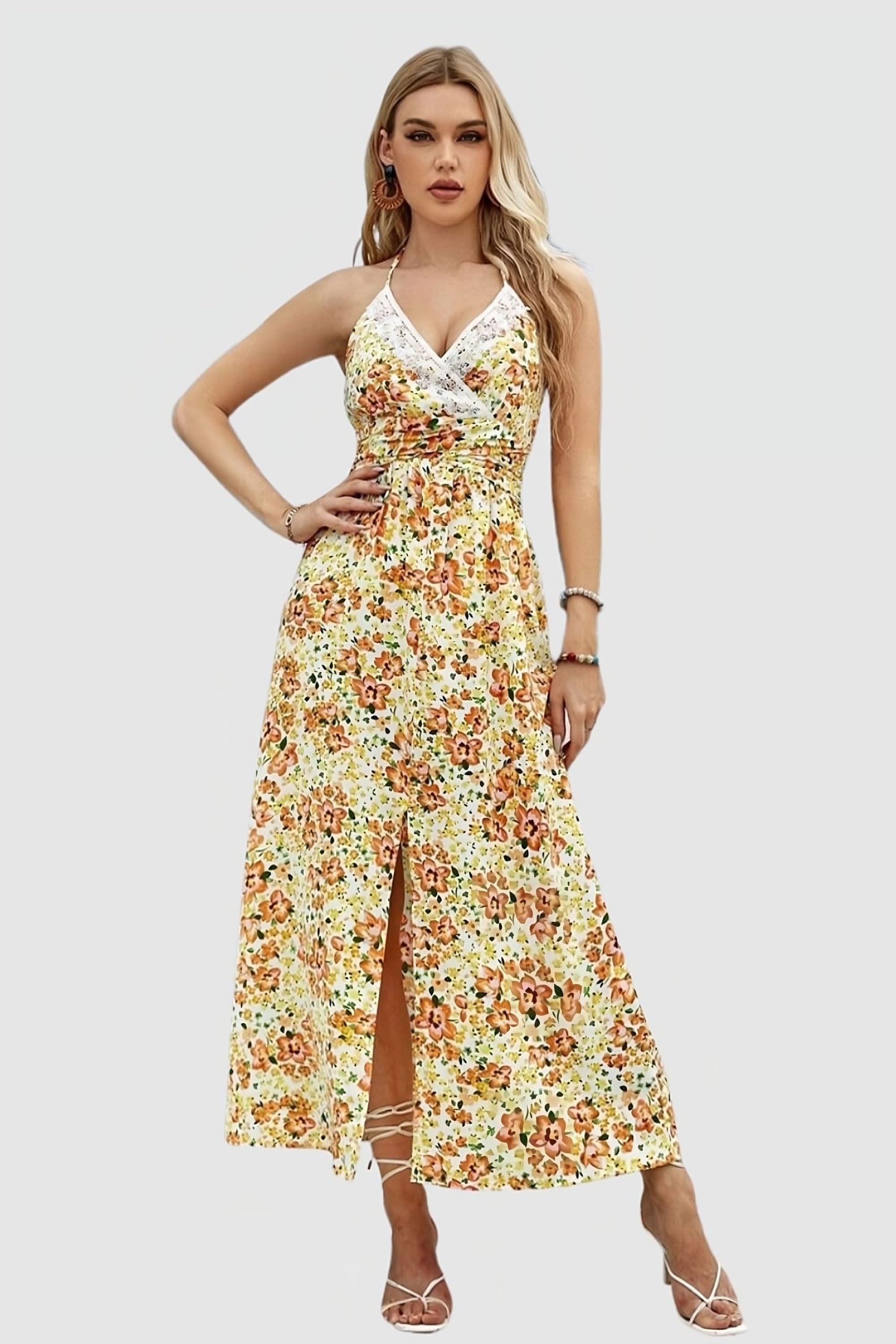Vestido largo floral mujer, dress boho, escote V crochet, manga mariposa, flecos, cómodo y versátil, ideal primavera verano, talla 38, amarillo multicolor, elegante casual ✅Entrega 24/48h