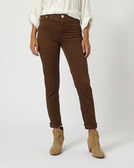 Pantalón mujer recto, jeans, outfit algodón diseño liso, bolsillos delanteros y traseros, cintura con trabillas, botón dorado, cierre cremallera, color marrón, talla 38, cómodo, versátil ✅Entrega 24/48h