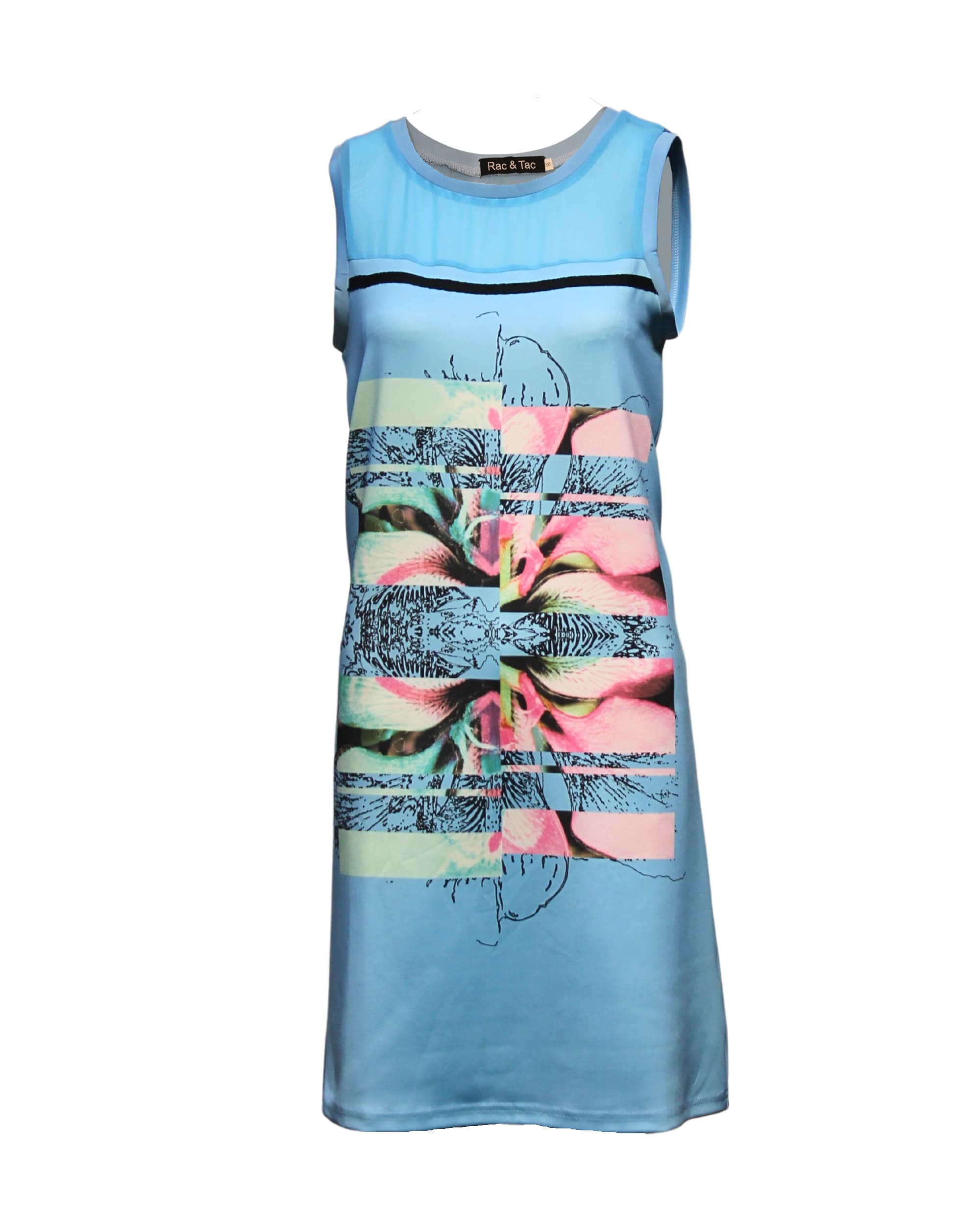Vestido recto mujer, dress sin mangas, cuello redondo, tejido poliéster, estampado moderno multicolor delantero, cómodo, ligero, acabado elástico, color azul, talla 38, ideal verano, versátil, fácil de combinar ✅Entrega 24/48h