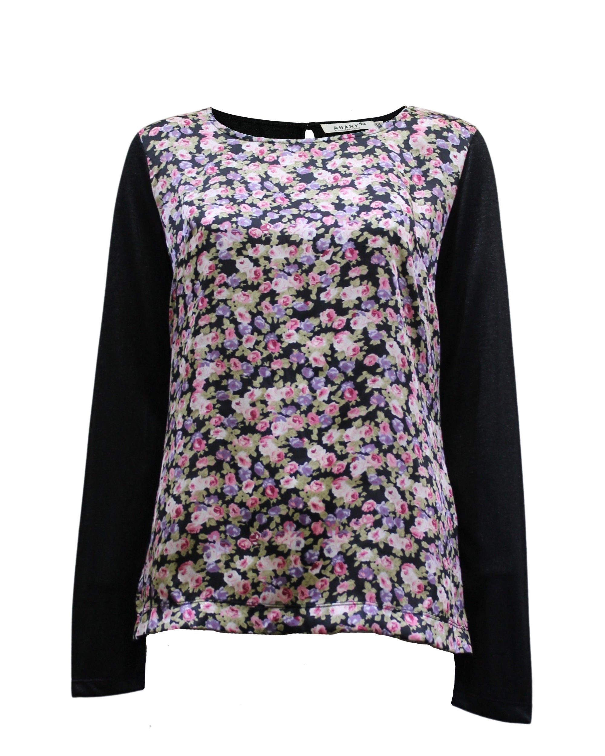 Blusa mujer manga larga floral multicolor camisa top elegante fresco cómodo, diseño moderno detalle brillo, ideal oficina casual tallas 38, estilo versátil fondo negro ✅Entrega 24/48h