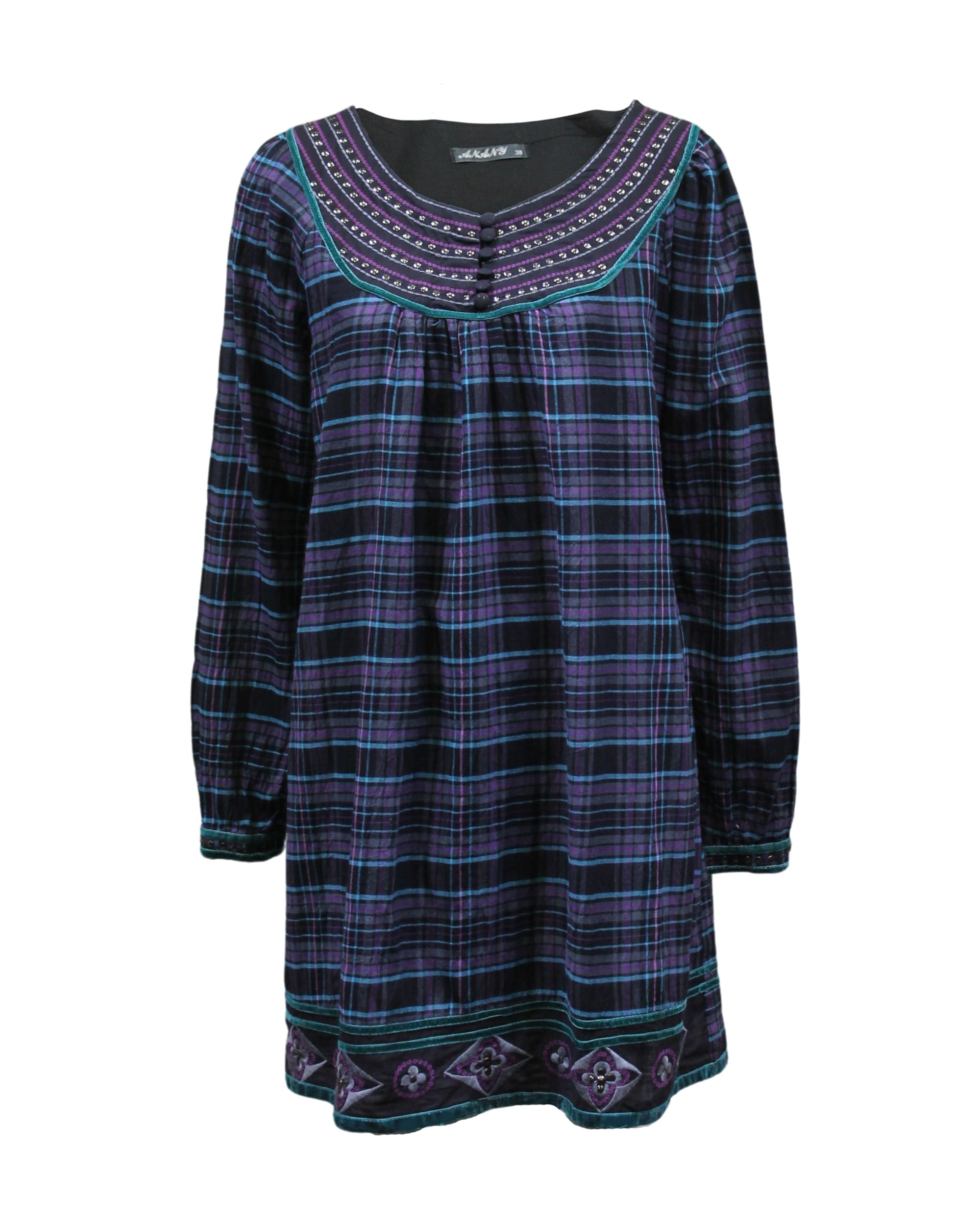 Vestido corto mujer, dress estilo blusón, cuadros azul morado, bordados, pedrería brillante, manga larga, cuello redondo, cómodo, versátil, talla 38, elegante, uso diario, tendencia otoño invierno ✅Entrega 24/48h