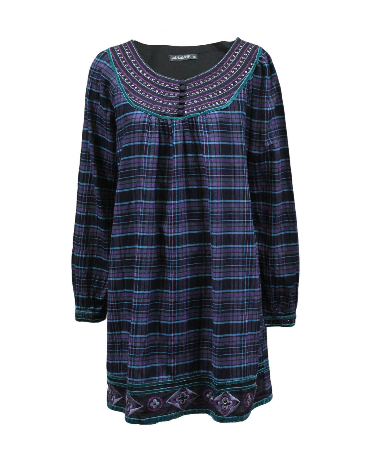 Vestido corto mujer, dress estilo blusón, cuadros azul morado, bordados, pedrería brillante, manga larga, cuello redondo, cómodo, versátil, talla 38, elegante, uso diario, tendencia otoño invierno ✅Entrega 24/48h