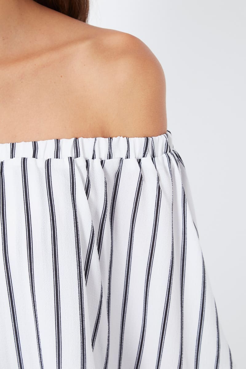 Blusa mujer bardot rayas blanca camisón shirt top elástico escote hombro descubierto manga corta cremallera lateral moderna cómoda elegante talla L ideal verano ✅Entrega 24/48h