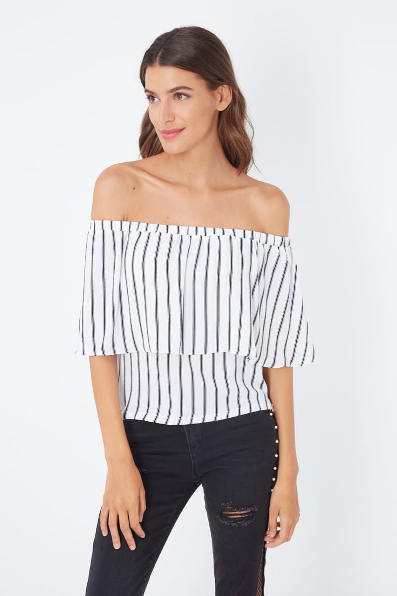Blusa mujer bardot rayas blanca camisón shirt top elástico escote hombro descubierto manga corta cremallera lateral moderna cómoda elegante talla L ideal verano ✅Entrega 24/48h