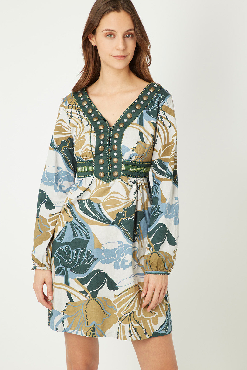 Vestido corto mujer, dress floral estampado, manga larga, escote pico bordado, cintura elástica, modelo Anany AN-L2699, color verde, talla 36, cómodo, femenino, elegante, versátil, ✅Entrega 24/48h
