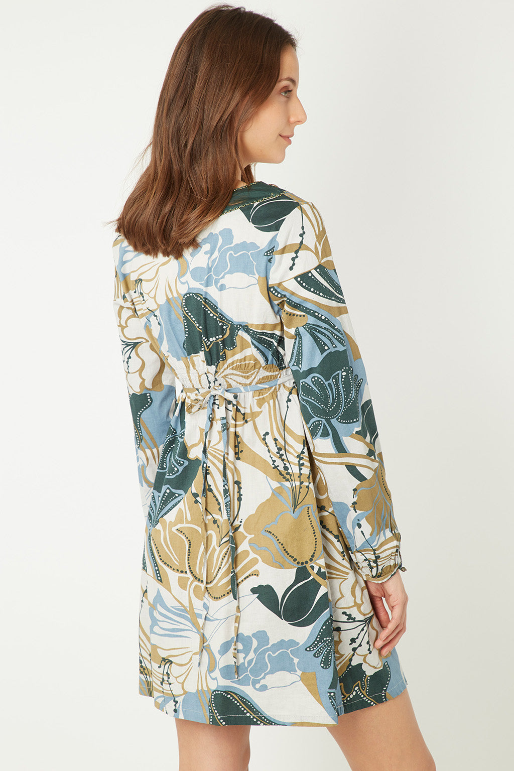 Vestido corto mujer, dress floral estampado, manga larga, escote pico bordado, cintura elástica, modelo Anany AN-L2699, color verde, talla 36, cómodo, femenino, elegante, versátil, ✅Entrega 24/48h