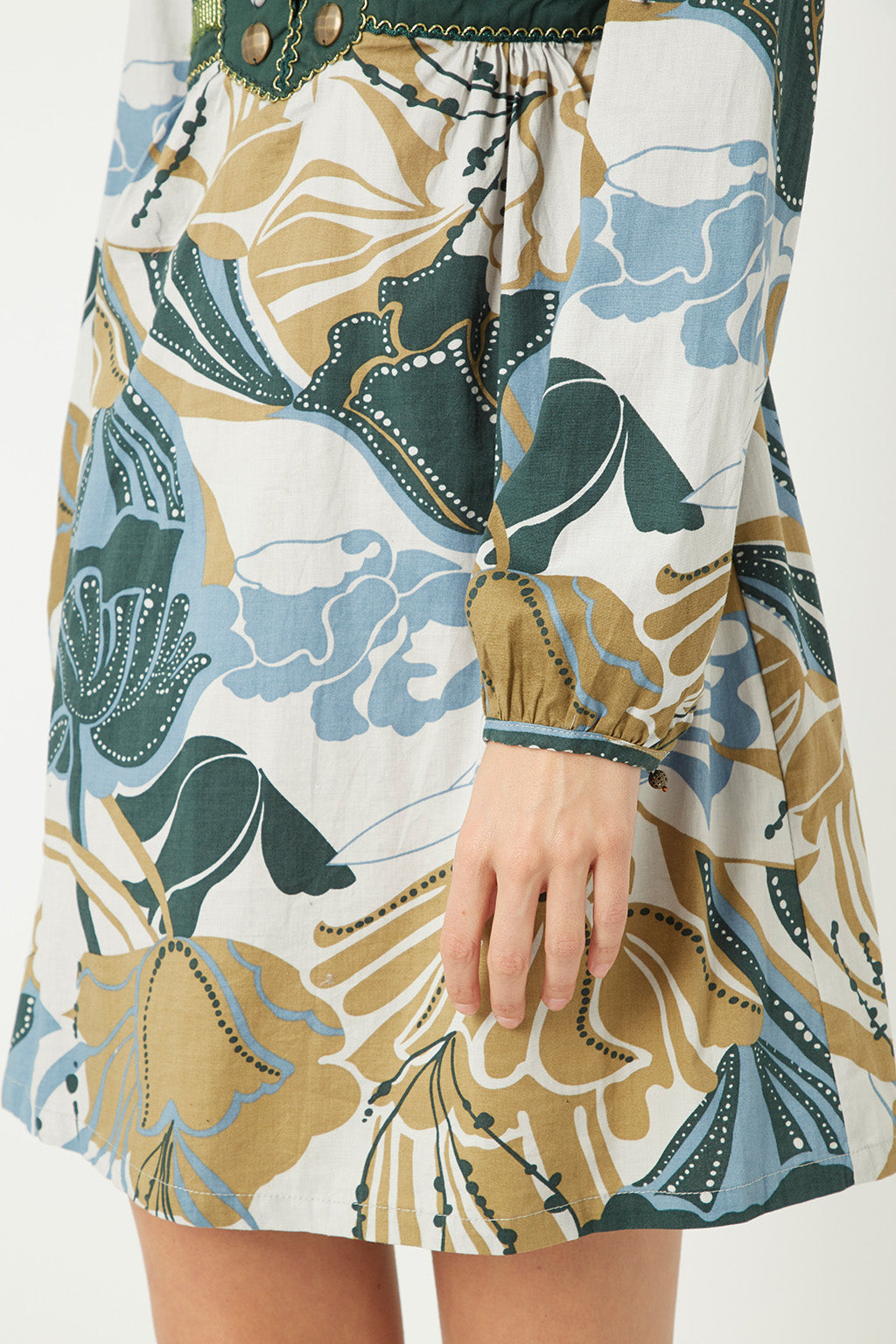 Vestido corto mujer, dress floral estampado, manga larga, escote pico bordado, cintura elástica, modelo Anany AN-L2699, color verde, talla 36, cómodo, femenino, elegante, versátil, ✅Entrega 24/48h