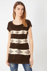 Blusa larga femenina, top femenino, diseño bohemio étnico, detalles artesanales, manga corta, estilo casual chic, tejido suave, color marrón crema, talla L, look relajado sofisticado ✅Entrega 24/48h