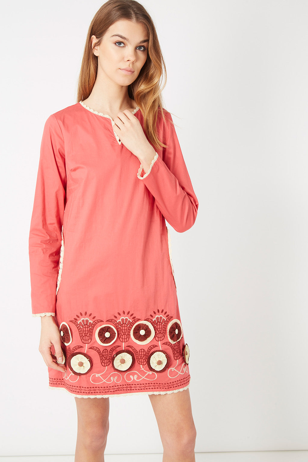 Vestido bordado bohemio algodón, dress casual mujer, manga larga, corte recto, floral, estilo fresco, ligero, suave, color rosa, talla 38, look chic, versátil, cómodo, tul bordado, ✅Entrega 24/48h