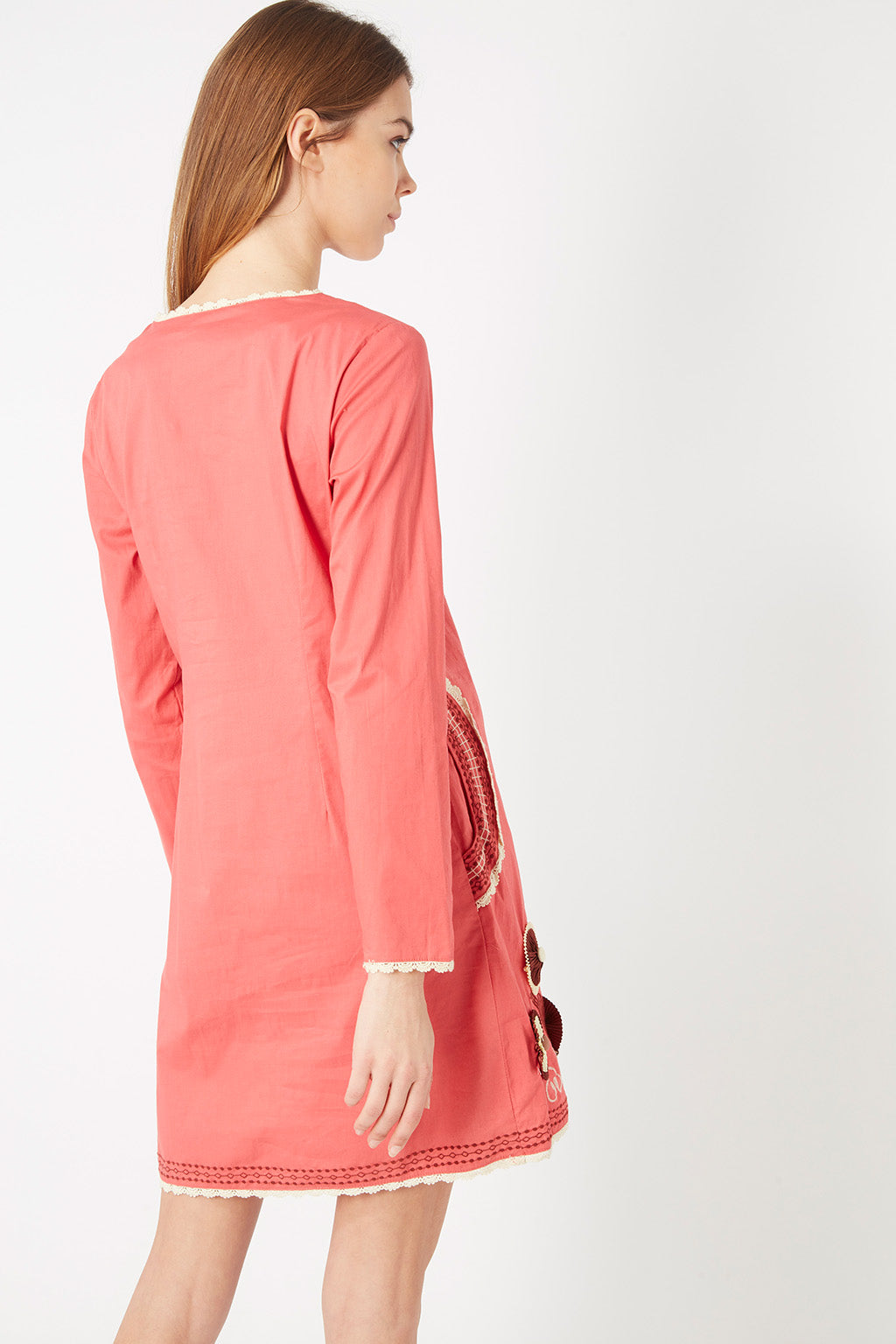 Vestido bordado bohemio algodón, dress casual mujer, manga larga, corte recto, floral, estilo fresco, ligero, suave, color rosa, talla 38, look chic, versátil, cómodo, tul bordado, ✅Entrega 24/48h