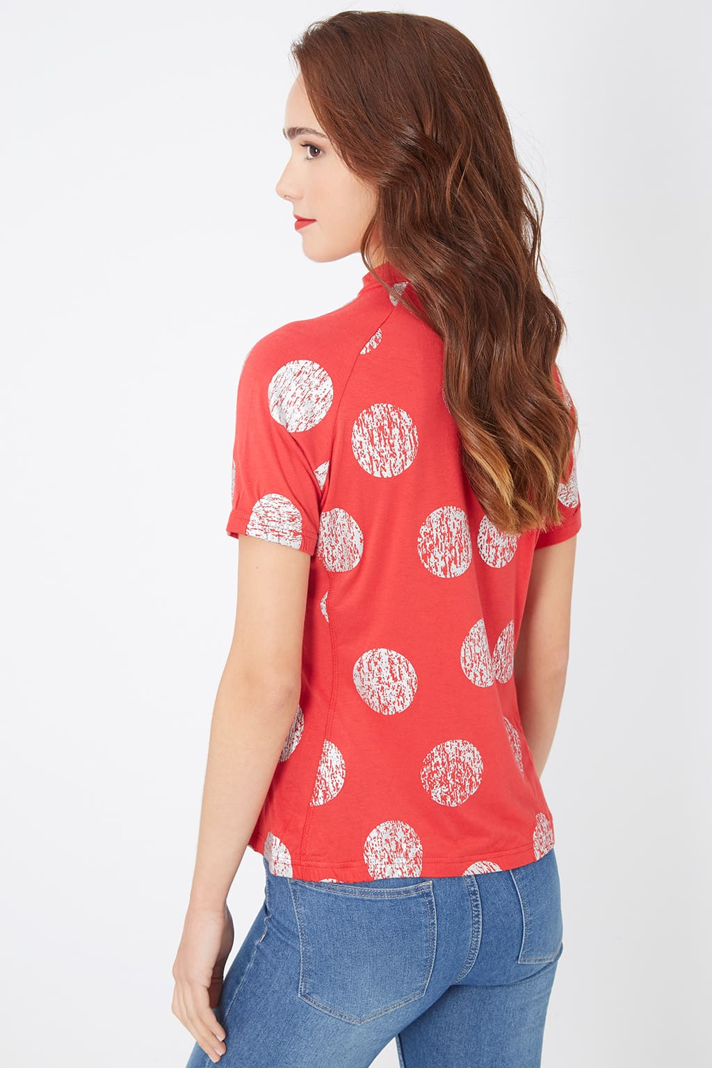 Camiseta mujer, polo, top, manga corta, diseño estampado lunares, cuello mao cremallera, tejido punto, corte regular, estilo casual, color rojo, talla L, cómoda y versátil. ✅Entrega 24/48h
