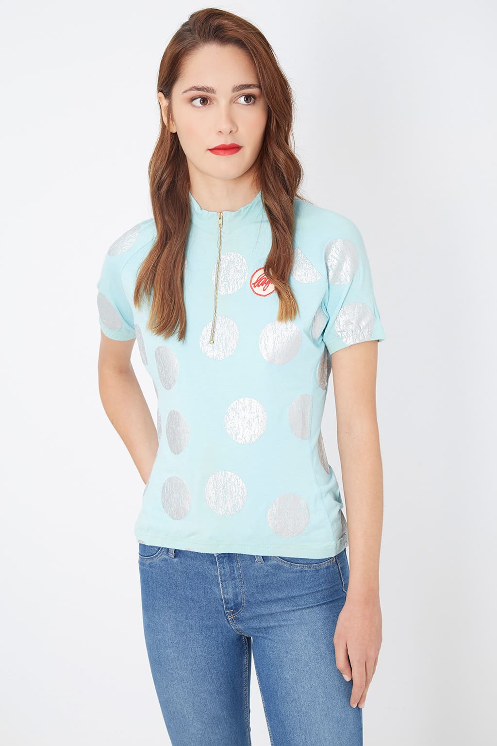 Camiseta mujer, t-shirt, blusa moda, manga corta, cuello mao cremallera, diseño lunares plateados, azul claro, talla L, cómoda, versátil, look fresco casual, marca Laga ✔️Entrega 24/48h