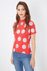 Camiseta mujer, polo, top, manga corta, diseño estampado lunares, cuello mao cremallera, tejido punto, corte regular, estilo casual, color rojo, talla L, cómoda y versátil. ✅Entrega 24/48h