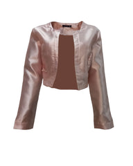 Chaqueta corta satinada mujer, blazer elegante, bajo decorado perlas, manga larga, cuello redondo, modelo BD006-1, tono rosa, talla S, ideal outfits de temporada, toque sofisticado, cómoda, versátil ✅Entrega 24/48h