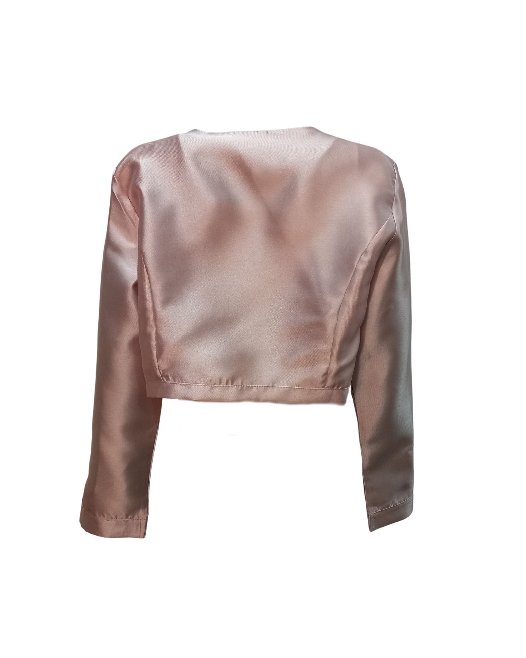 Chaqueta corta satinada mujer, blazer elegante, bajo decorado perlas, manga larga, cuello redondo, modelo BD006-1, tono rosa, talla S, ideal outfits de temporada, toque sofisticado, cómoda, versátil ✅Entrega 24/48h