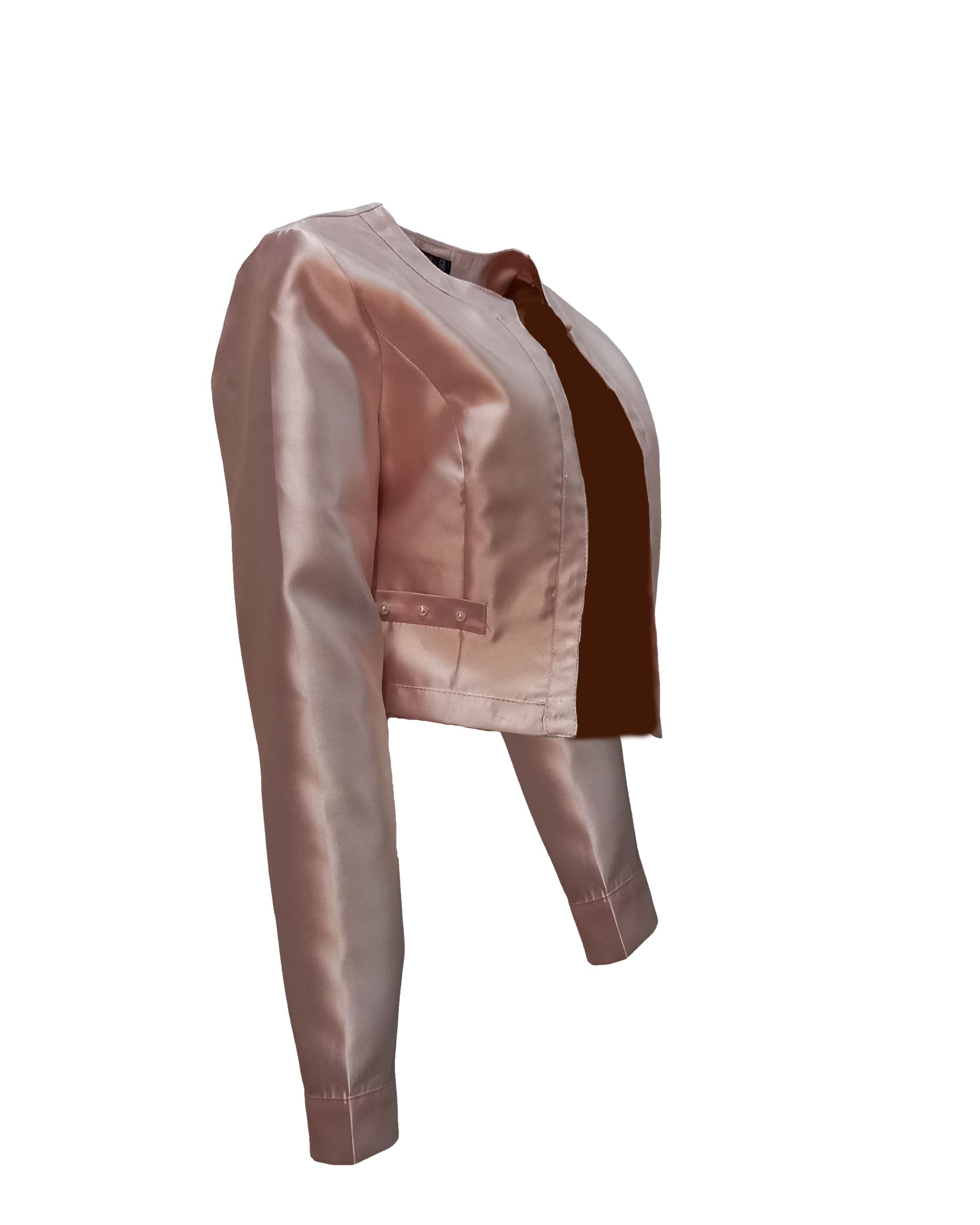 Chaqueta corta satinada mujer, blazer elegante, bajo decorado perlas, manga larga, cuello redondo, modelo BD006-1, tono rosa, talla S, ideal outfits de temporada, toque sofisticado, cómoda, versátil ✅Entrega 24/48h