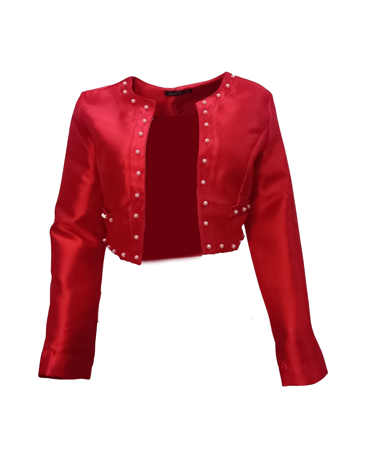 Chaqueta corta mujer, blazer satinado, perlas decorativas, manga larga, diseño elegante, sofisticada para eventos o oficina, suave al tacto, disponible talla S, color rojo, moderna y versátil ✅Entrega 24/48h
