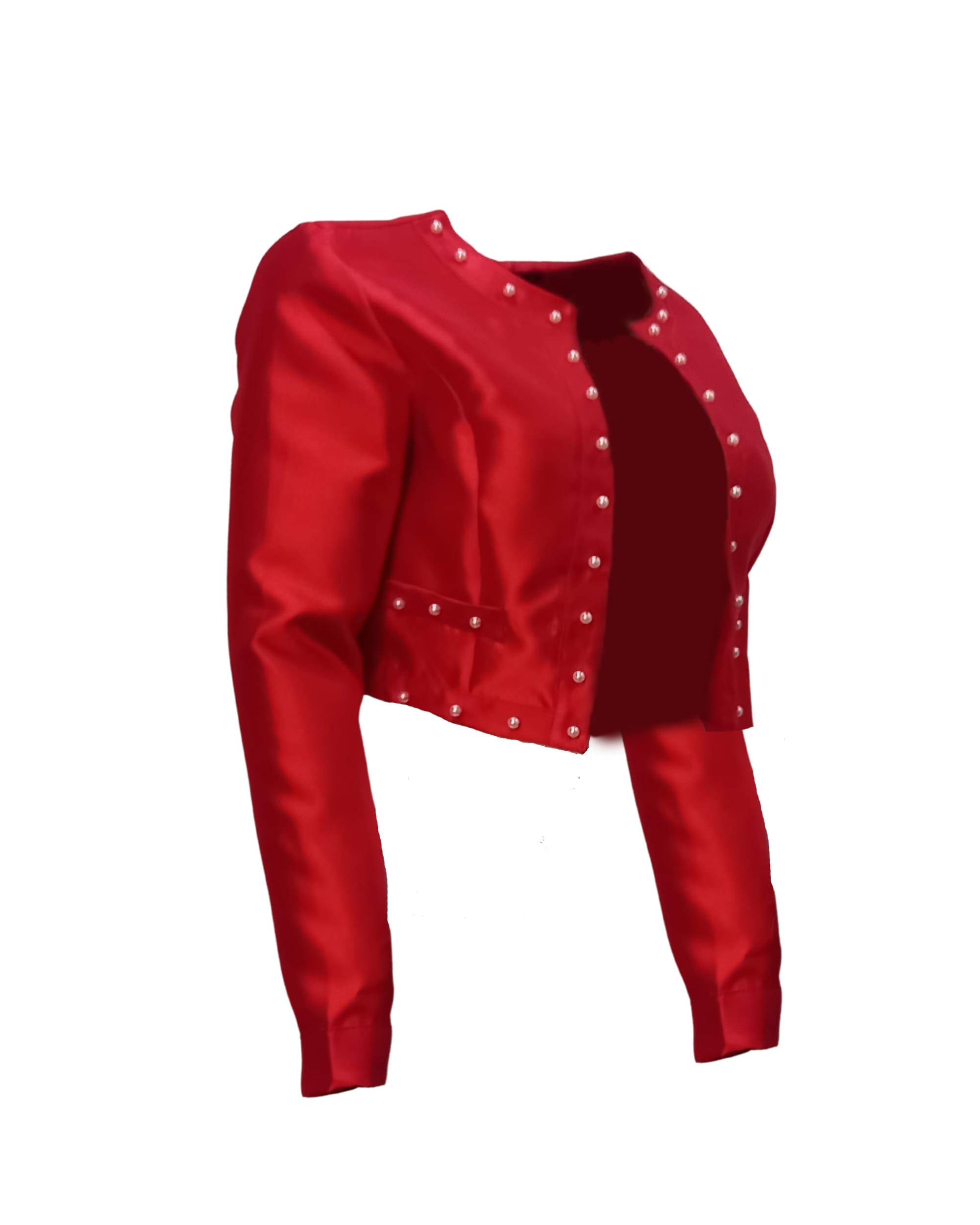 Chaqueta corta mujer, blazer satinado, perlas decorativas, manga larga, diseño elegante, sofisticada para eventos o oficina, suave al tacto, disponible talla S, color rojo, moderna y versátil ✅Entrega 24/48h