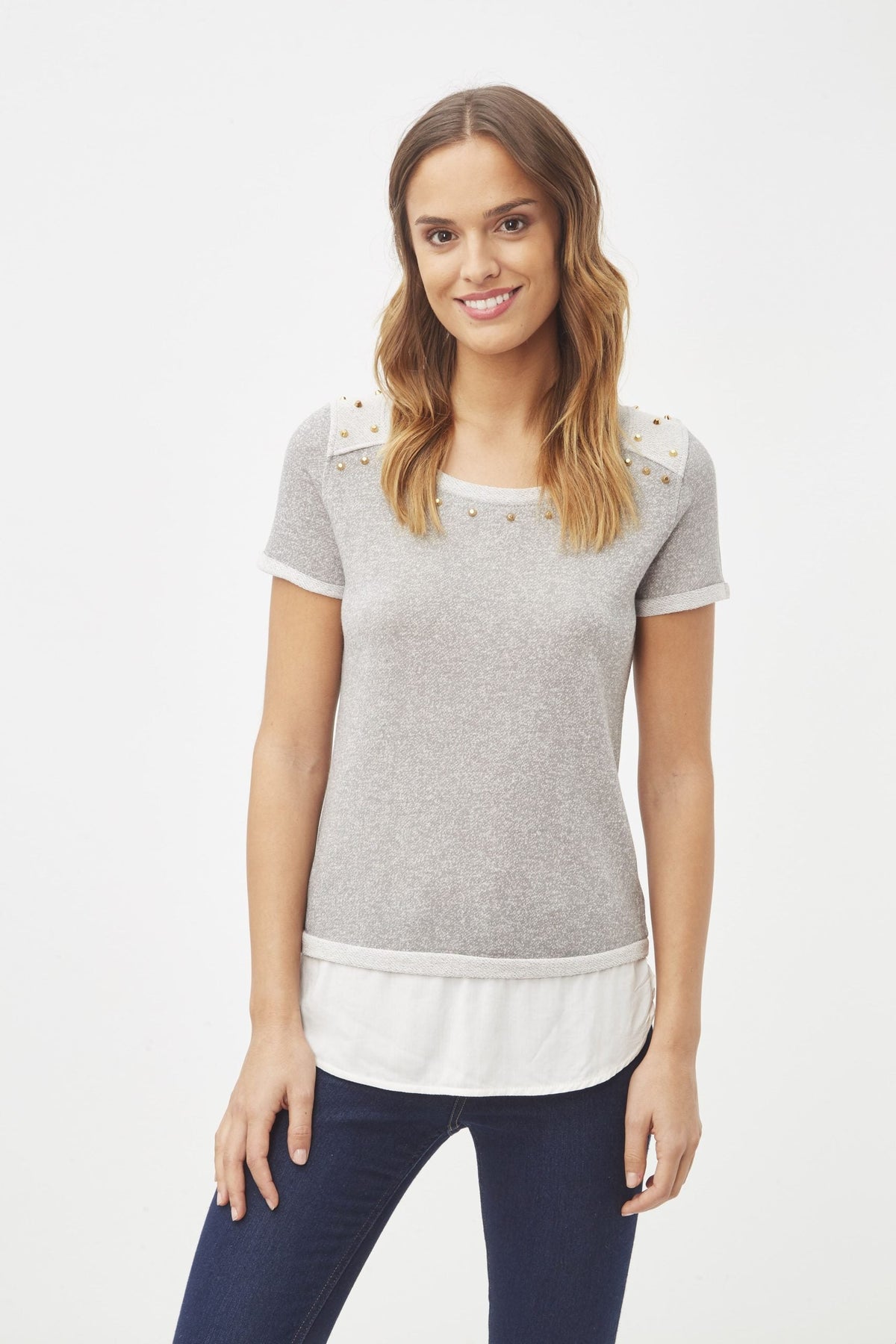 Blusa mujer punto gris blanca bicolor top camiseta detalles metálicos hombros bajo superpuesto suave ligera urbana oficina casual M L cómoda elegante moderna tendencia ✅Entrega 24/48h