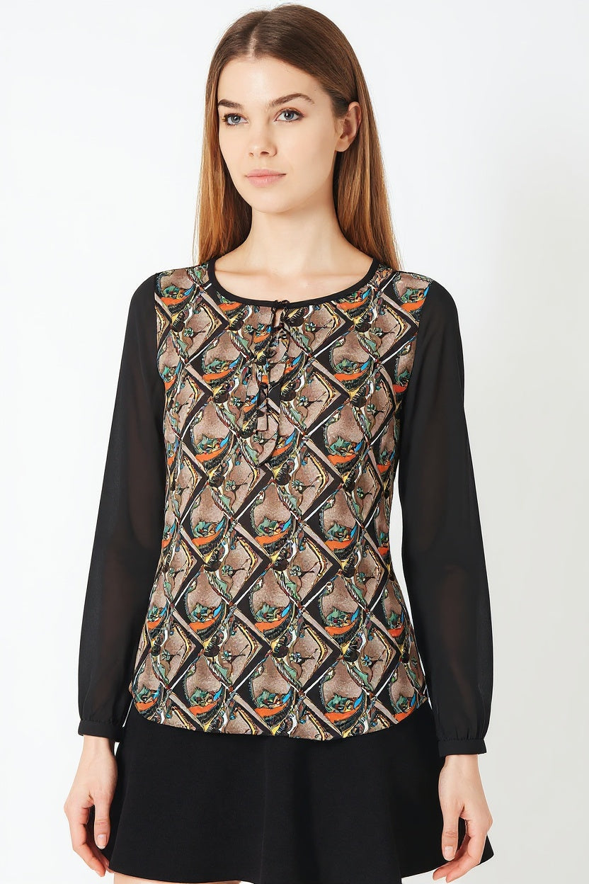 Blusa mujer estampada geométrica, shirt top bohemia, manga larga, escote lazo, tejido ligero, estilo retro sofisticado, multicolor tonos tierra, talla 38, ideal oficina y city outfits, cómoda y fresca ✅Entrega 24/48h