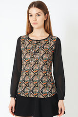 Blusa mujer estampada geométrica, shirt top bohemia, manga larga, escote lazo, tejido ligero, estilo retro sofisticado, multicolor tonos tierra, talla 38, ideal oficina y city outfits, cómoda y fresca ✅Entrega 24/48h