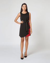 Vestido mujer raso bicolor sin mangas outfit elegante midi volante fajín escote redondo talla L modelo cómodo forro cremallera lateral rojo negro ideal eventos oficina ✅Entrega 24/48h