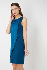 Vestido mini mujer, dress elegante Love & Money, muselina bicolor, escote asimétrico, sin mangas, diseño liso, forro interior, incluye cinturón, talla L, cómodo y sofisticado azul ✅Entrega 24/48h