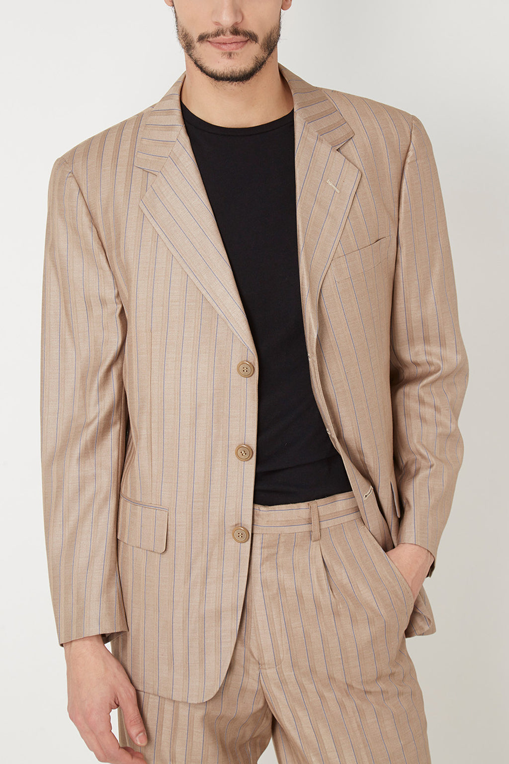 Blazer masculino americana chaqueta formal rayas solapa estructurada botones tejido suave elegante tono camell talla 48 ideal oficina eventos modernos sofisticados look versátil ✅Entrega 24/48h