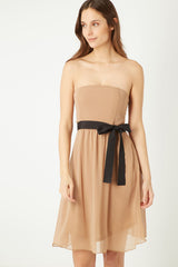 Vestido mujer midi, dress palabra de honor lazo satinado negro, corte elegante, look versátil, tejido combinado forro cómodo, cierre cremallera, ideal eventos, color beige, talla L, ✅Entrega 24/48h
