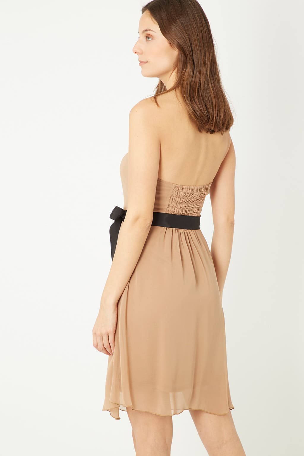 Vestido mujer midi, dress palabra de honor lazo satinado negro, corte elegante, look versátil, tejido combinado forro cómodo, cierre cremallera, ideal eventos, color beige, talla L, ✅Entrega 24/48h