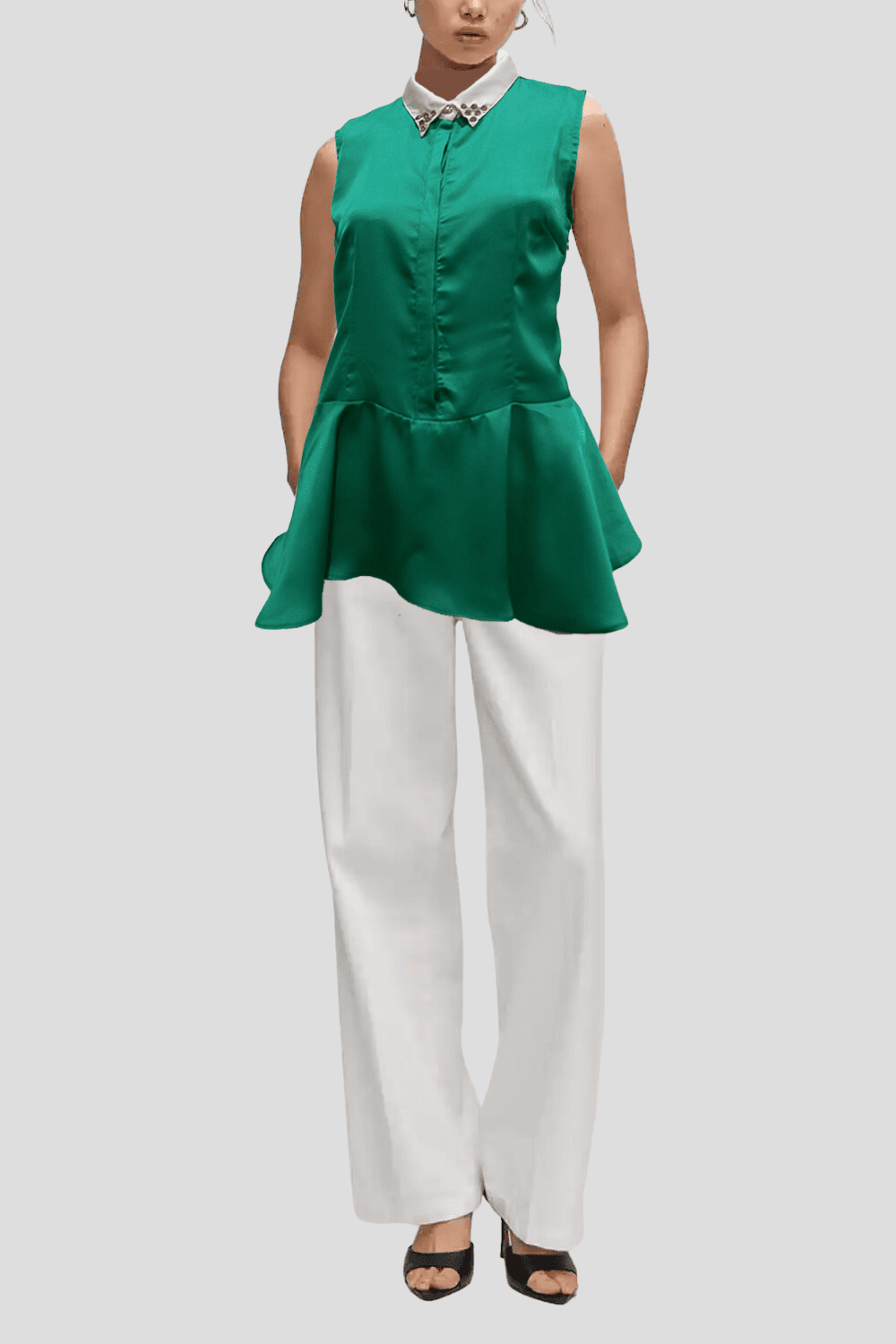 Blusa sin mangas elegante, top peplum, camisa mujer, tejido ligero acabado sedoso, cuello camisero, color verde, corte favorecedor, talla 38, perfecta oficina eventos, look sofisticado ✅Entrega 24/48h