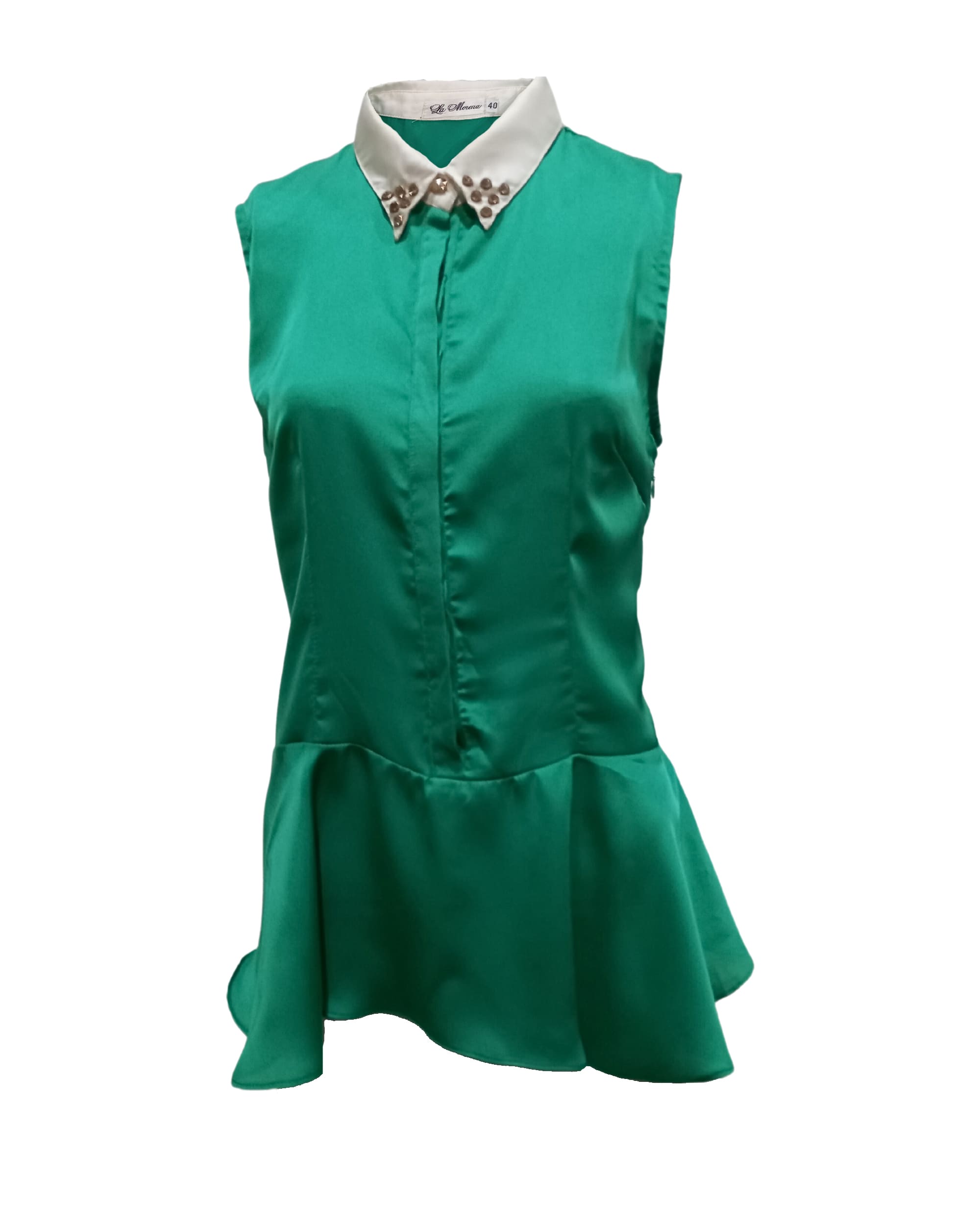 Blusa sin mangas elegante, top peplum, camisa mujer, tejido ligero acabado sedoso, cuello camisero, color verde, corte favorecedor, talla 38, perfecta oficina eventos, look sofisticado ✅Entrega 24/48h